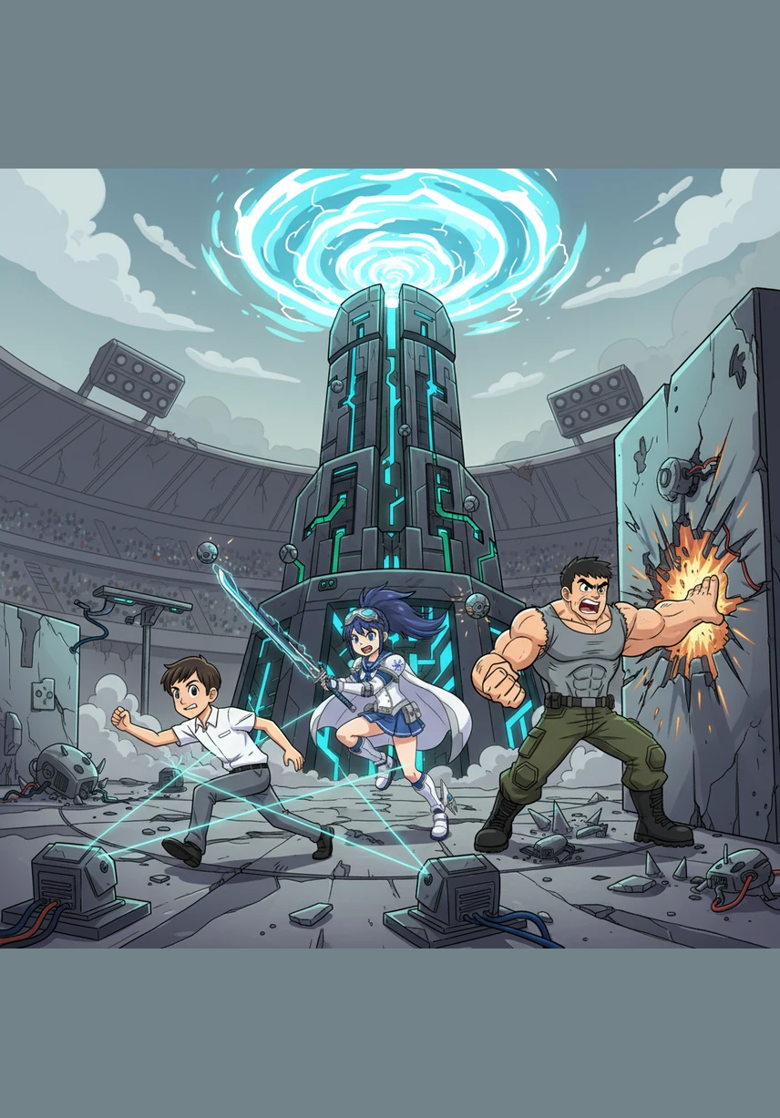 The heroes charge toward the glowing Energy Tower at the heart of the arena, dodging traps and mechanical guardians sent by Kharon. They realize that only by combining their unique alien abilities can they hope to pierce the tower's impenetrable energy defenses.