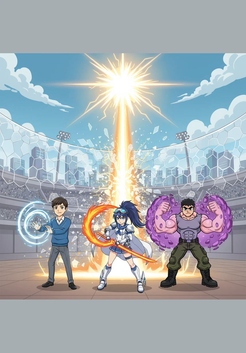 Channeling their collective will, Kenjiro’s starlight, Miyuki’s phoenix fire, and Ryu’s titan force merge into a single beam of pure, brilliant energy. The massive Barrier Field surrounding the arena shatters like glass, allowing the survivors to break free from the alien game.