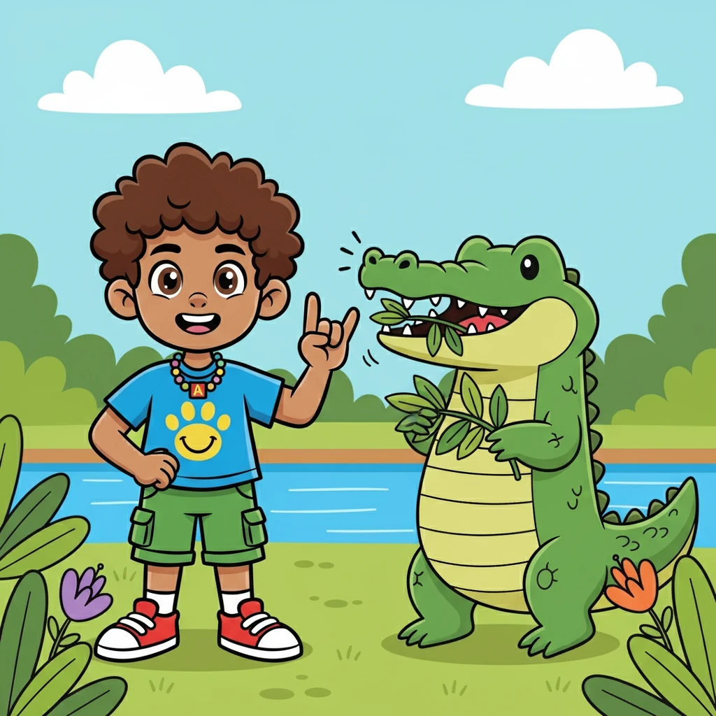 A is for alligator chomping all day, he shows the letter A in his own special way. Make a fist with your thumb on the side of your hand. Alex demonstrates the sign with a wide smile.