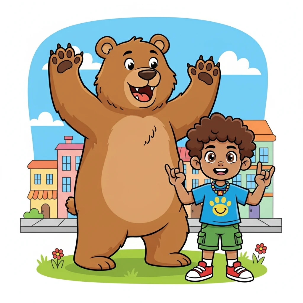 B is for bear, big and brown, waving his paws all over town. Hold both hands in front of you, palms facing down, and bend your fingers. The bear waves with a happy expression.