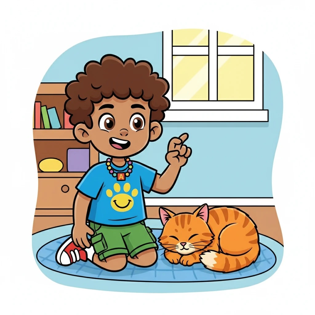 C is for cat, cuddly and cute, curving his paw, what a hoot! Curve your hand into a C shape. The cat curls up in a cozy ball.