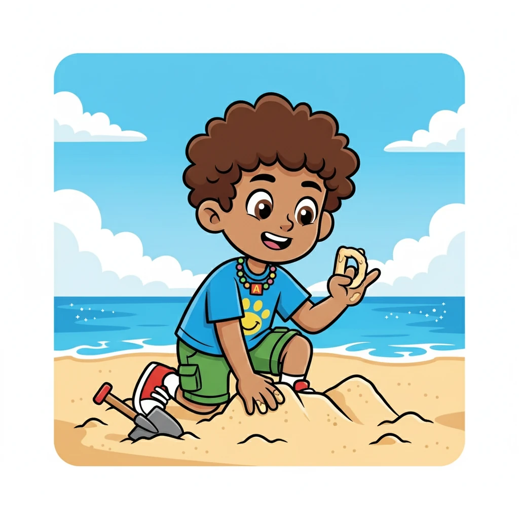 D is for dog, digging in the sand, showing the D with his paw in hand. Hold your hand up, and make a D shape with your fingers. The dog happily digs with a paw showing the sign.