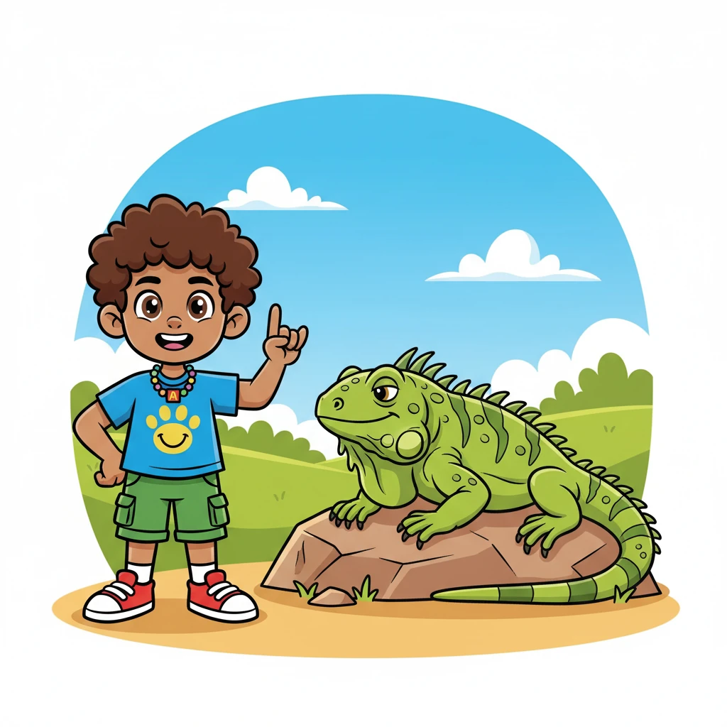 I is for iguana, basking in the sun, showing the I until the day is done. Point your pinky finger up. The iguana relaxes in the warm sunlight.