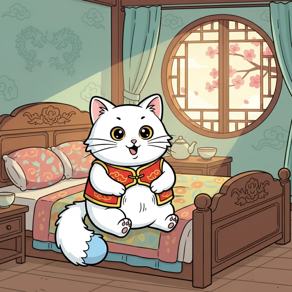 咪咪是一只毛茸茸的小猫，有着闪亮的眼睛和蓬松的尾巴。今天，她醒来时，肚子咕咕叫个不停，她知道是时候寻找美味的午餐了。