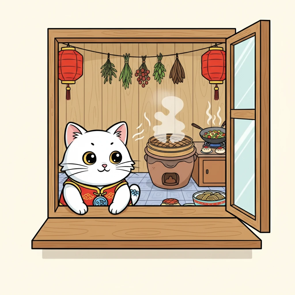 咪咪首先来到了厨房，她闻到了诱人的气味。她轻轻跳到厨房的窗台上，好奇地向里面张望，希望找到一些好吃的。