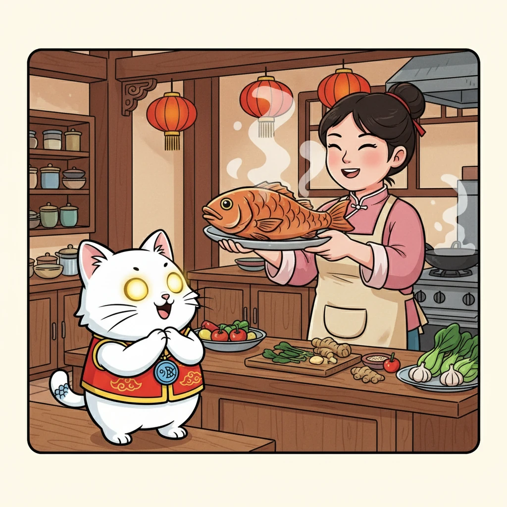 厨房里，主人正在准备美味的晚餐。咪咪的眼睛一下子亮了起来，她知道她最喜欢的美食就在那里——新鲜的鱼！
