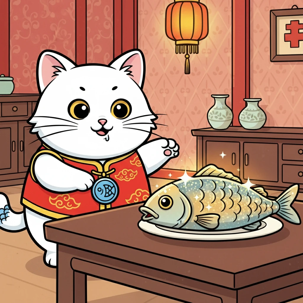 咪咪小心翼翼地走近，她看到桌子上放着一条闪闪发光的鱼。她忍不住伸出爪子，轻轻碰了碰这条鱼，口水都快流出来了。