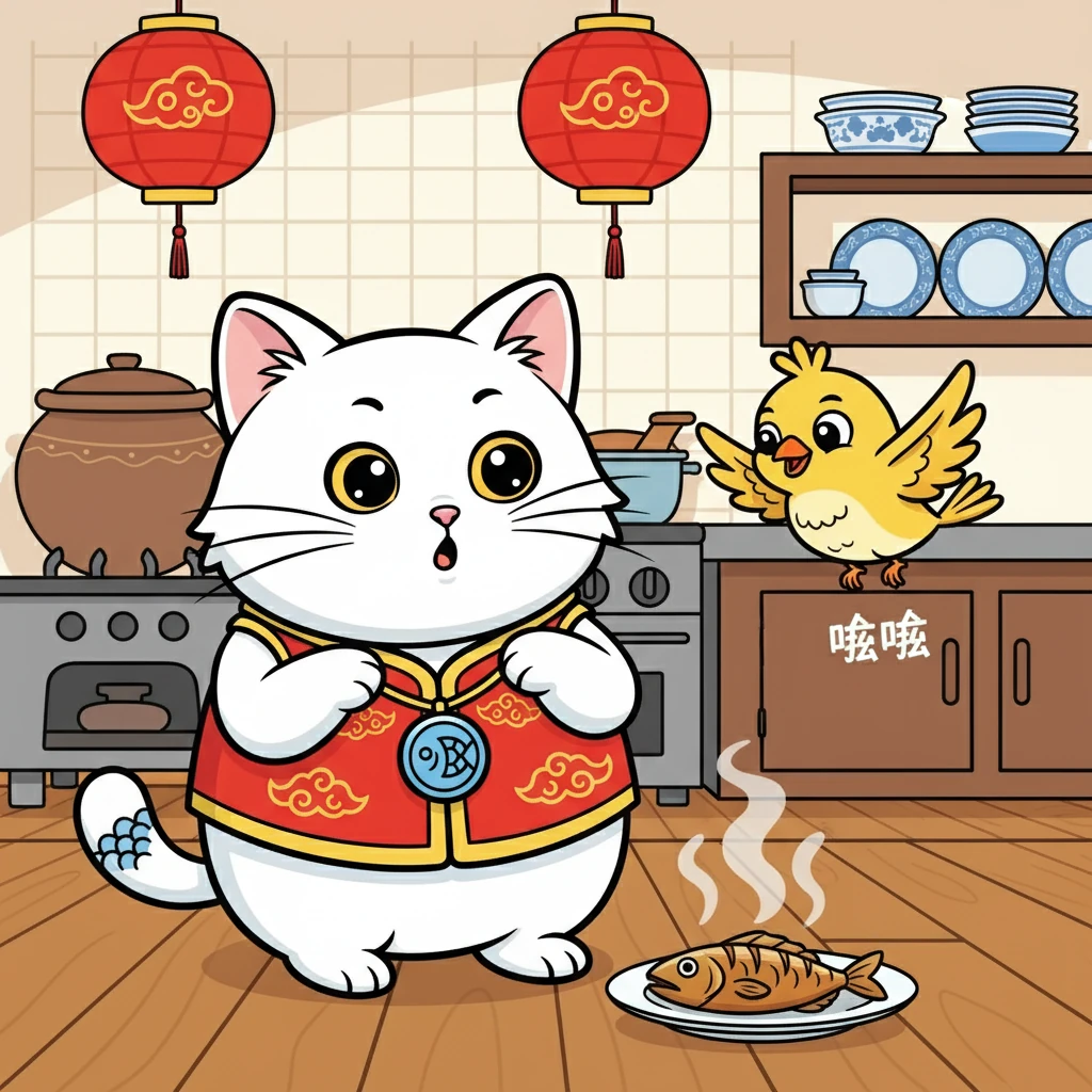 突然，咪咪听到了一个声音：“喵呜！”是她的好朋友，小鸟啾啾。啾啾也闻到了鱼的味道，她看起来也想吃。