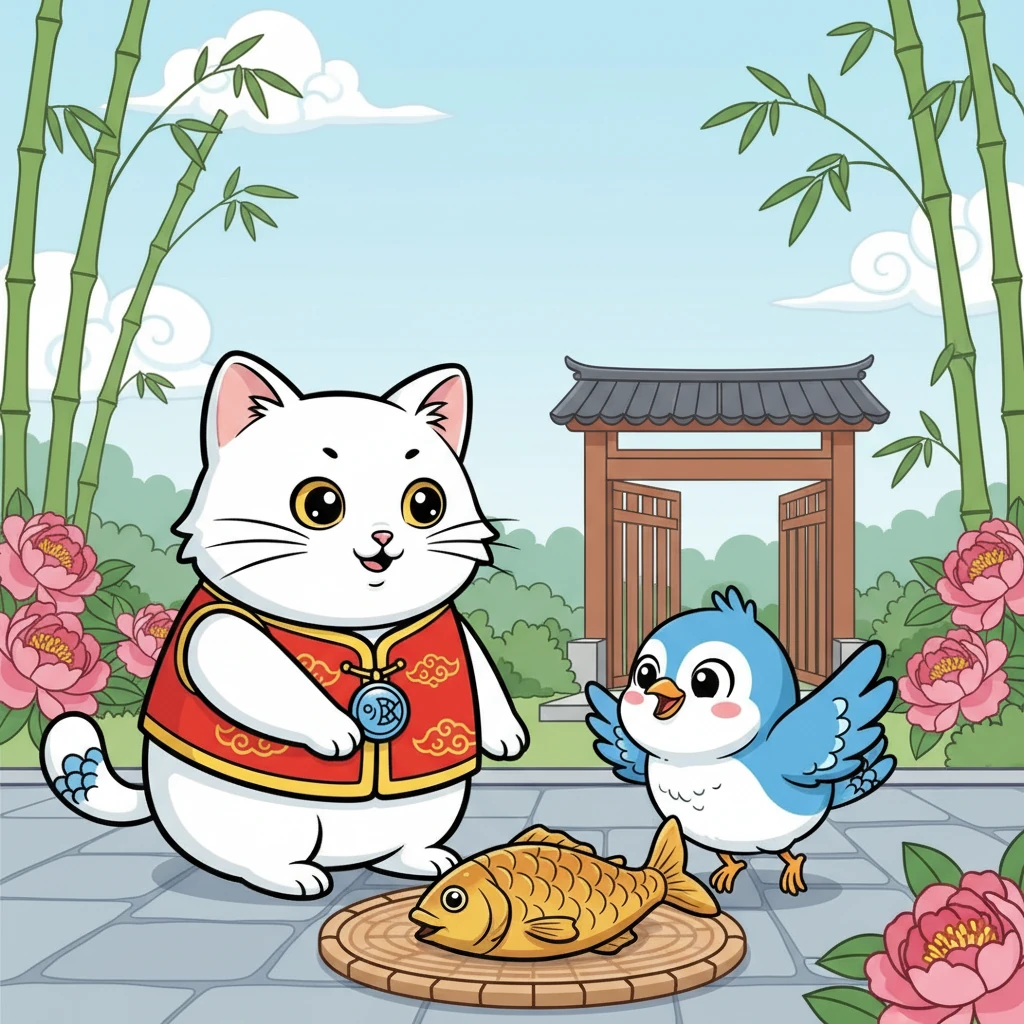 咪咪和小鸟啾啾对视了一眼，她们决定分享这条美味的鱼。咪咪用爪子轻轻地把鱼推向啾啾，啾啾开心地跳了起来。