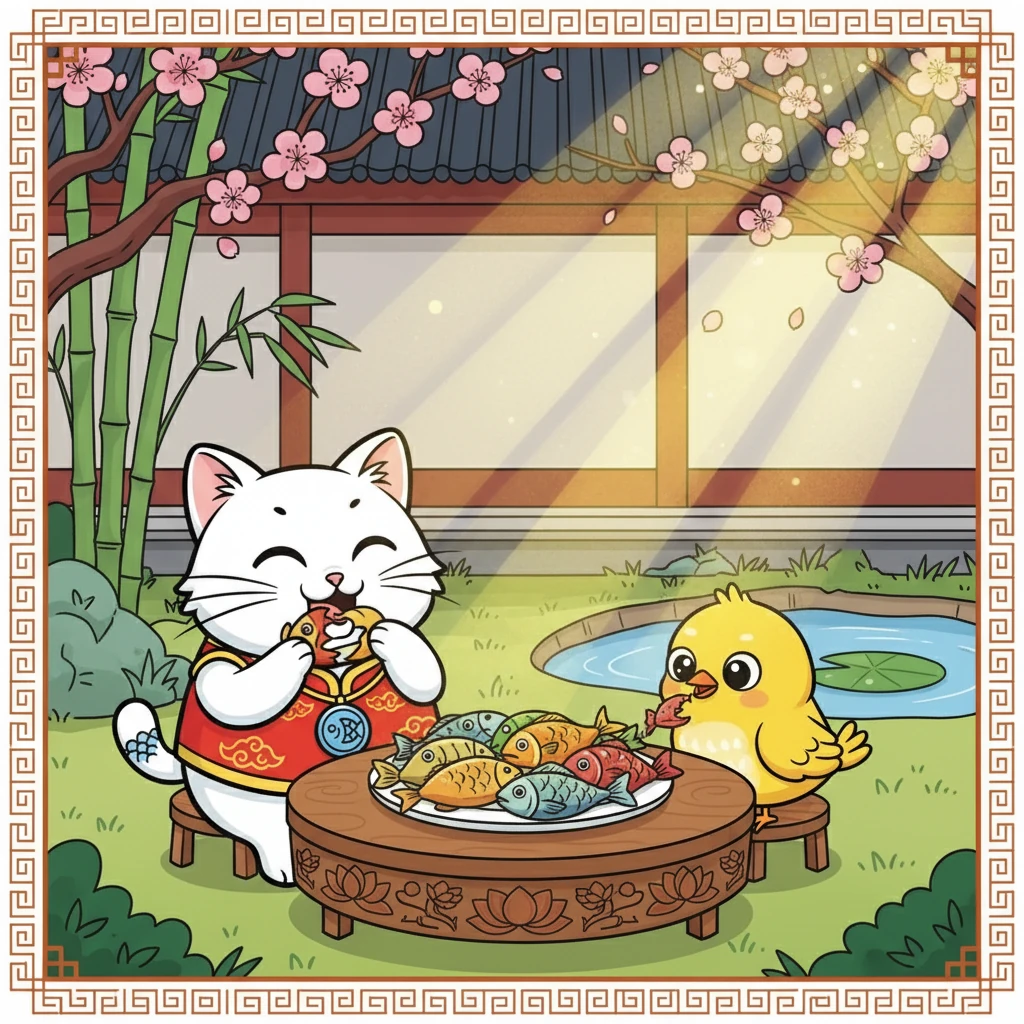 她们一起吃着美味的鱼，咪咪和小鸟啾啾都非常开心。阳光洒在她们身上，她们度过了一个愉快的午后。