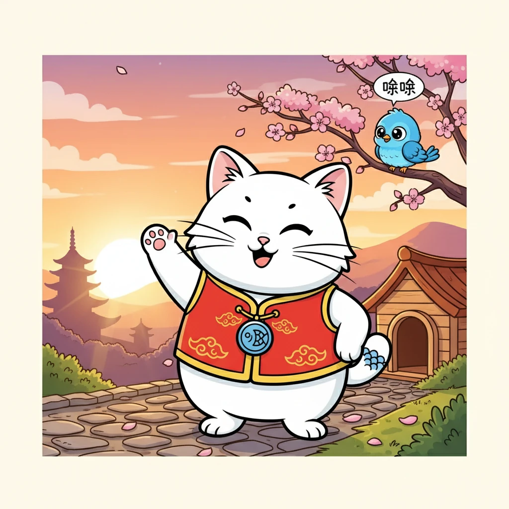 夕阳西下，咪咪和小鸟啾啾告别了。咪咪回到了自己的小窝，心里充满了幸福，她知道今天过的非常棒。