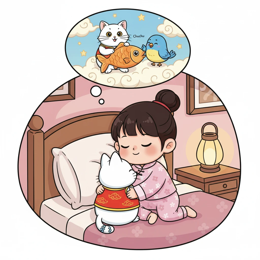 晚上，咪咪依偎在主人的怀里，做着甜美的梦。梦里，她和小鸟啾啾一起分享着美味的鱼，她们永远是最好的朋友。