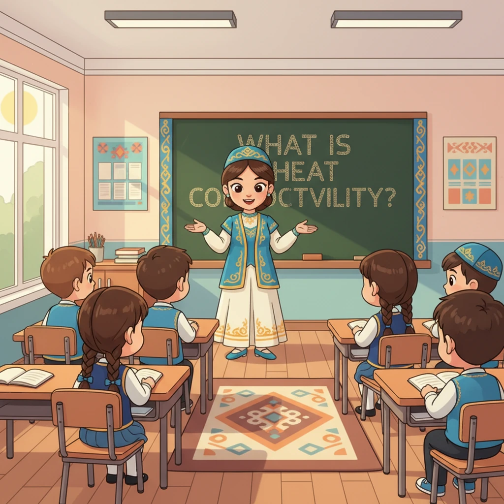 Сынып бөлмесі жарқын және жайлы. Мұғалім, мейірімді күлімсіреп, тақтаның алдында тұр. Оқушылар, соның ішінде кішкентай Айжан, орындықтарда ынтамен отыр, олардың көздері мұғалімге қадалған. Тақтада қазақ ою-өрнектерімен безендірілген "Жылуөткізгіштік деген не?" деген жазу жарқырап тұр.