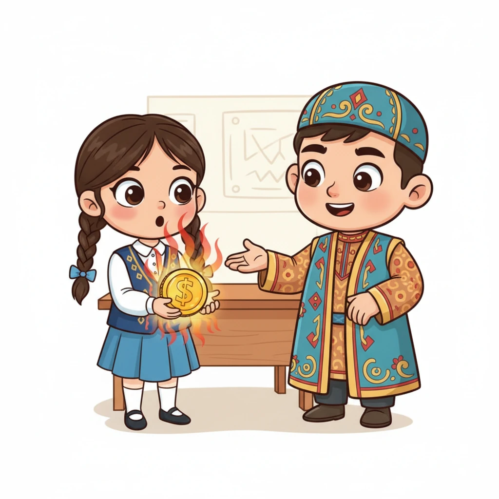 Кішкентай Айжан алақанына жылтыр тиынды ұстап тұр. Оның жүзі таңданысқа толы, өйткені тиыннан жылу сызықтары шығып, оның қолына қарай ағып жатыр, тиын біртіндеп салқындайды. Мұғалім жанында тұрып, бұл құбылысты түсіндіреді.