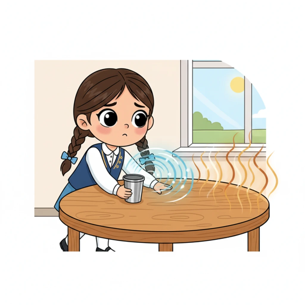 Айжан бір қолымен ағаш үстелдің бұрышын, екінші қолымен металл қаламсауытты ұстап тұр. Оның жүзінде аздап шатасу бар, өйткені металл суық сезіледі, ал ағаш жылы. Металл қаламсауыттан салқын көк түстер шығып, ағаштан жылы қоңыр түстер шығып тұр, бұл жылу өткізгіштігінің айырмашылығын көрсетеді.