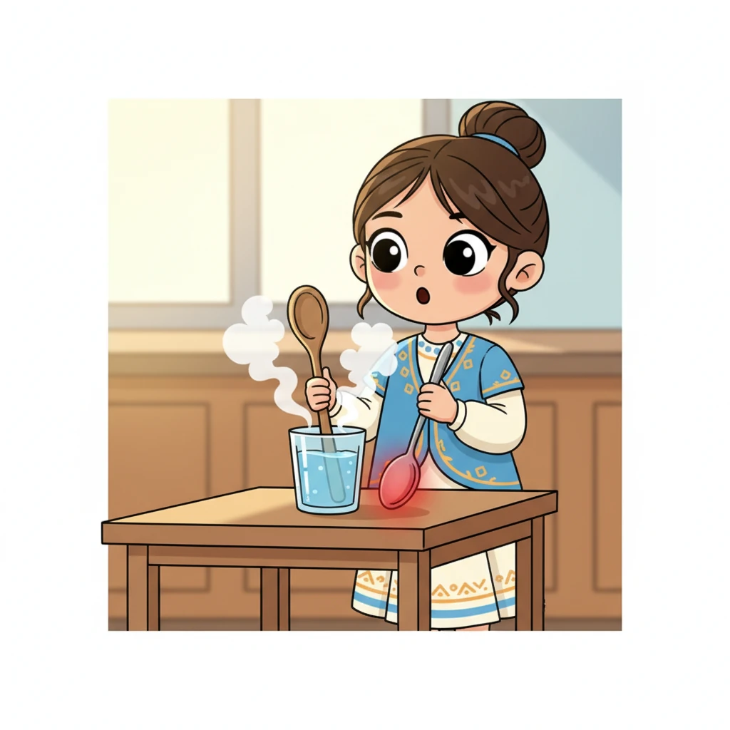 Мөлдір стақанда буы бұрқырап тұрған ыстық су бар. Айжан екі қолымен ағаш қасықты және металл қасықты суға батырып тұр. Бірнеше секундтан кейін металл қасықтың ұшы қызыл түске боялып, ыстық екенін көрсетеді, ал ағаш қасық өзгеріссіз қалады.