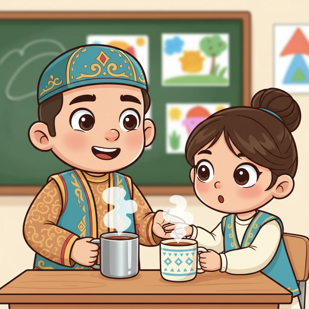 Мұғалім Айжанға екі бірдей шыныаяқты көрсетеді: біреуі металдан, екіншісі керамикадан жасалған. Олардың екеуіне де ыстық шай құйылады, буы бұрқырап тұр. Айжан металл шыныаяқтың сыртынан ыстығырақ, ал керамикалық шыныаяқтың жылырақ екенін байқайды, бұл жылу оқшаулағыштарының қалай жұмыс істейтінін көрсетеді.