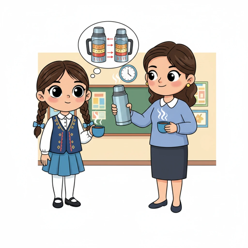 Мұғалім Айжанға термос пен ашық шыныаяқты көрсетеді. Екеуіне де ыстық су құйылған. Біраз уақыт өткен соң, термос ішіндегі су әлі ыстық, ал шыныаяқтағы су суып қалған. Айжан термосқа таңданыспен қарайды, оның ішіндегі жылуды сақтайтын қабаттарды елестетеді.