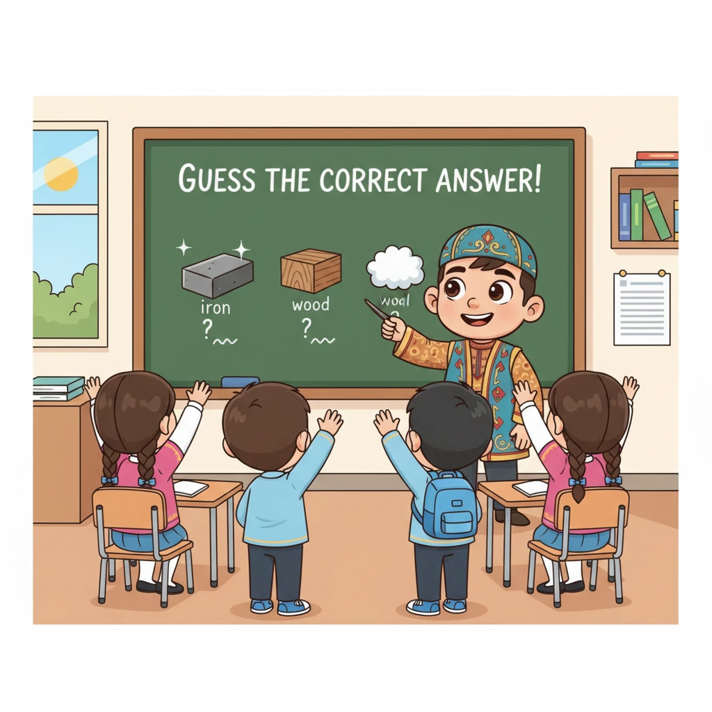 Мұғалім тақтадағы "Дұрыс жауабын тап!" деген жазуды көрсетеді. Тақтада әртүрлі материалдардың суреттері (темір, ағаш, жүн) және олардың жылуды қалай өткізетіні туралы сұрақтар бар. Айжан мен оның сыныптастары қолдарын көтеріп, жауап беруге ынталы.