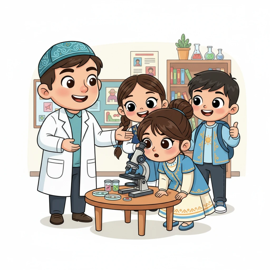 Мұғалім Айжанға микроскоп пен әртүрлі заттарды зерттеуге арналған үлгілерді ұсынады. Айжан микроскопқа қызығушылықпен қарайды, оның көздері жаңа білімге деген құштарлықпен жарқырайды. Мұғалім оны және басқа оқушыларды әлемді зерттеуге шақырады.