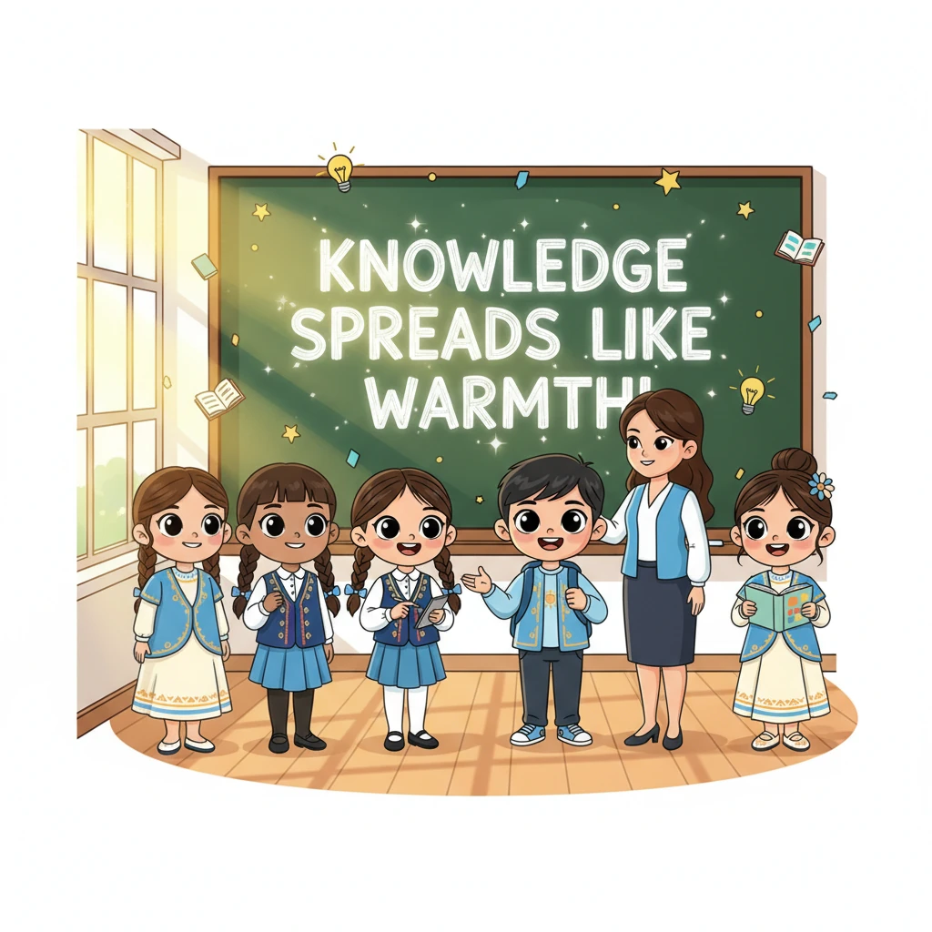 Бүкіл сынып бөлмесі жылы және жарқын сәулемен толтырылған. Мұғалім мен Айжан барлық оқушылармен бірге күлімсіреп тұр. Тақтада "Білім - жылу сияқты, ол таралады!" деген жазу жарқырап тұр, бұл білімнің таралуы мен жаңалықтарды ашудың қуанышын білдіреді.