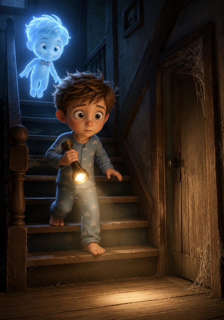 Gathering his courage, Leo grabbed his trusty brass flashlight and crept out into the hallway. The wooden stairs groaned under his feet, sounding like a grumpy giant waking from a long nap. He followed the rhythmic tapping sound all the way to the narrow, cobweb-draped door leading to the attic.
