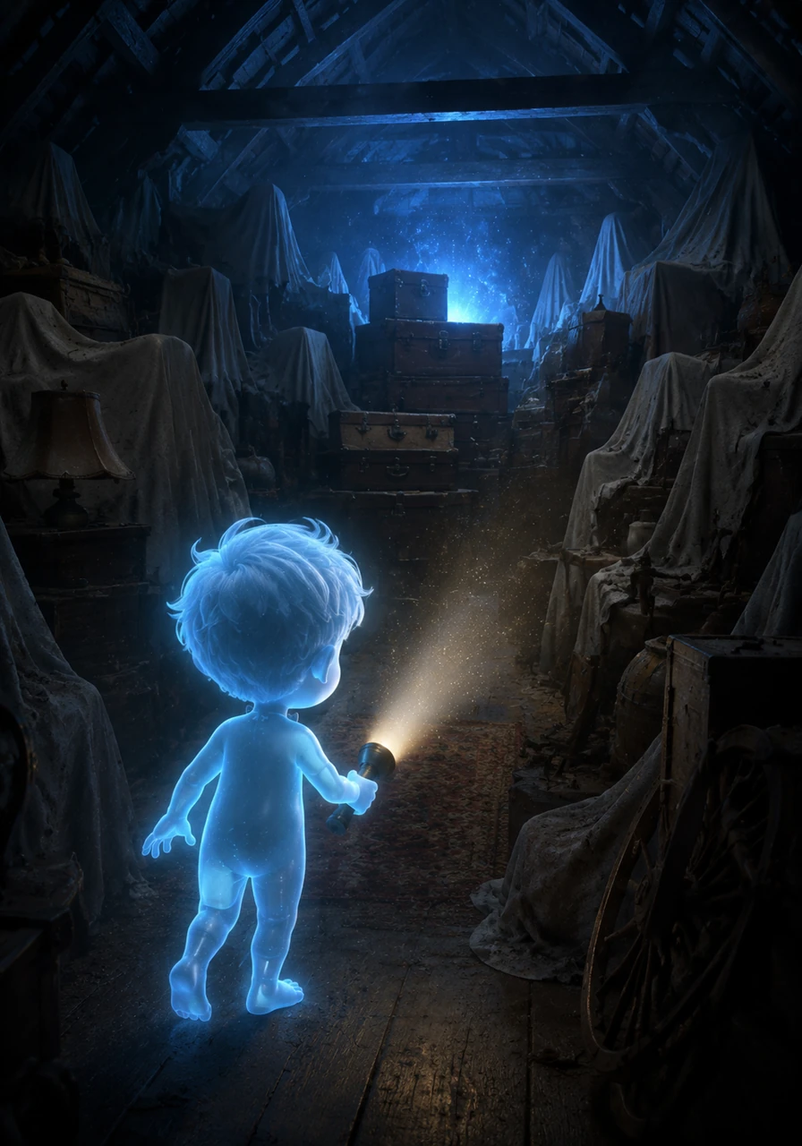 The attic was filled with mountains of old furniture covered in white sheets that looked like frozen waves. In the center of the room, a faint, blue glow pulsed behind a stack of dusty trunks. Leo’s heart hammered against his ribs as he stepped closer, his flashlight beam trembling in the dark.