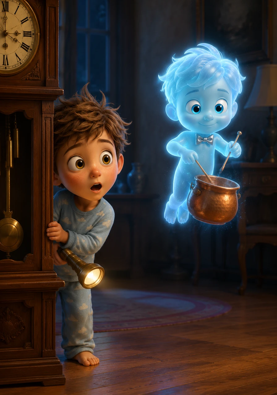 He peeked around a large grandfather clock and gasped at the sight of a small, translucent boy floating in the air. The ghost was wearing a silver bowtie and was busily tapping a pair of old knitting needles against a copper pot. He looked more like a shimmering bubble than a scary phantom.