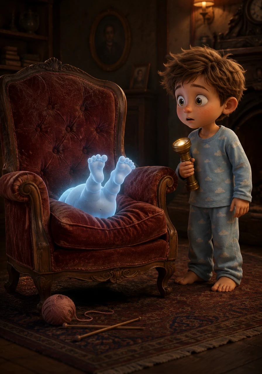 Suddenly, the little ghost spotted Leo and let out a tiny, high-pitched squeak of surprise. He accidentally dropped his knitting needles and dove headfirst into an old velvet armchair, leaving only his glowing toes sticking out. Leo realized then that the ghost was just as startled as he was.