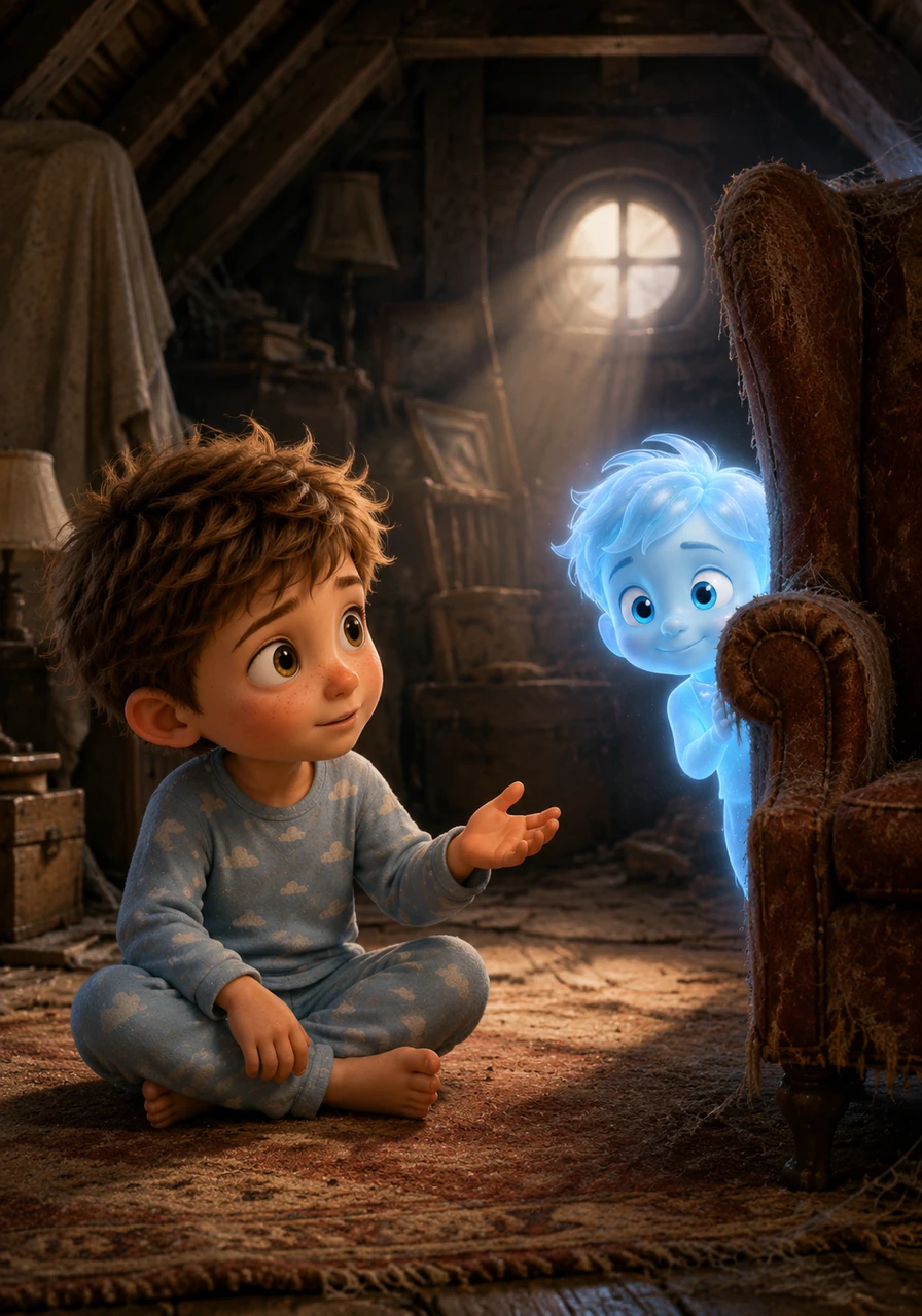 Leo sat down on a dusty rug and spoke in a soft, gentle voice, telling the ghost his name. Slowly, the spirit peeked over the edge of the chair, his large, luminous eyes blinking with curiosity. He introduced himself as Pip, a ghost who had lived in the attic for a hundred years because he was too shy to leave.