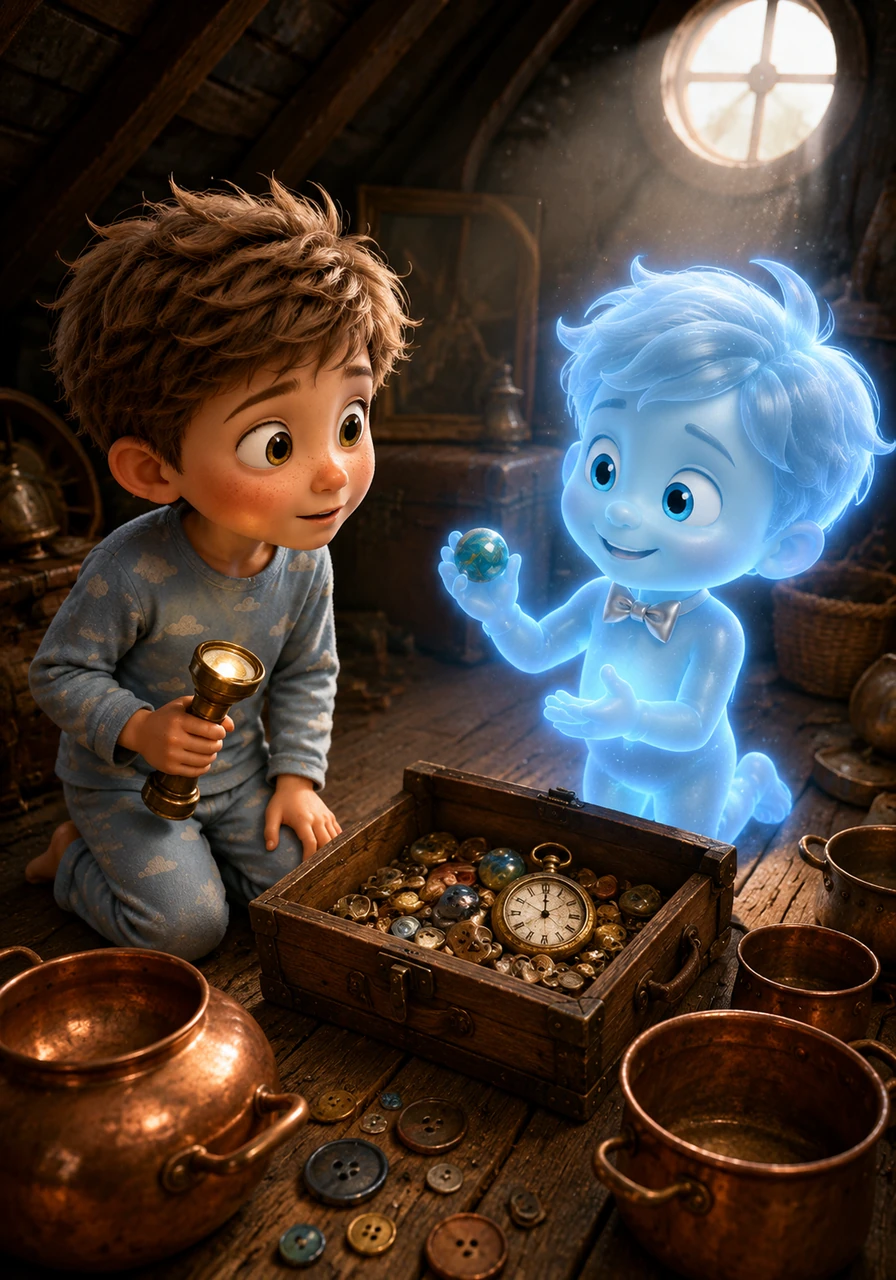 Pip explained that he wasn't trying to be scary; he just loved the way the copper pots sounded when he played them. He showed Leo his collection of 'treasures,' which included shiny buttons, a broken pocket watch, and a very old marble. The attic didn't feel spooky anymore; it felt like a secret museum of forgotten things.