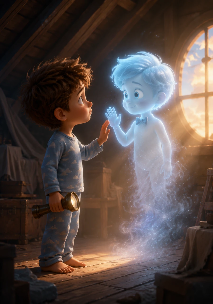As the first light of dawn began to peek through the attic window, Pip started to fade into the morning mist. Leo promised to return every night with new stories and maybe a few more 'treasures' to share. He realized that the scariest things are often just lonely hearts waiting for someone to say hello.