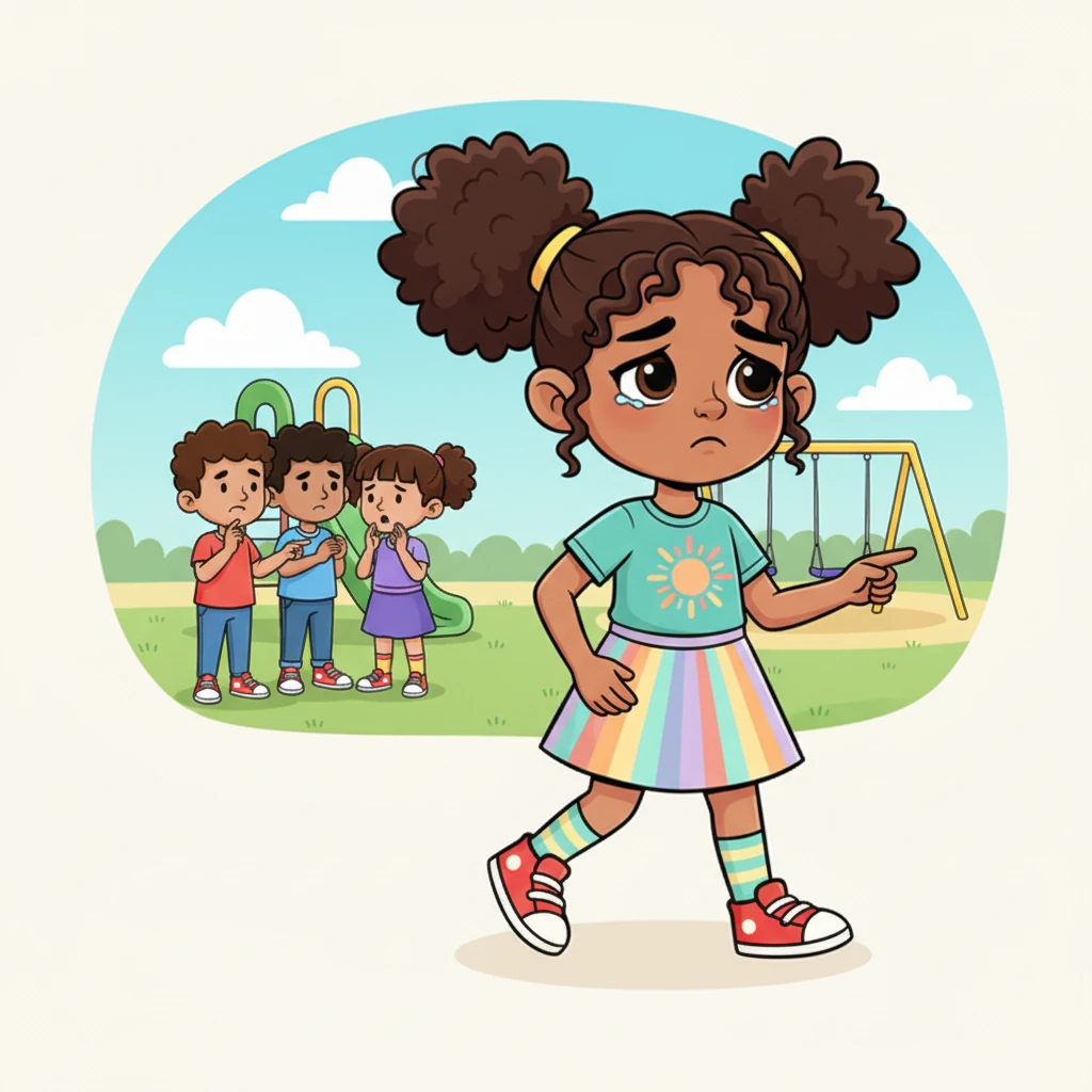 During recess, a few children pointed and whispered when Lily walked by. Their words weren't loud, but Lily heard them, and a knot formed in her tummy. She hurried away, her eyes a little watery, wishing she could just disappear.