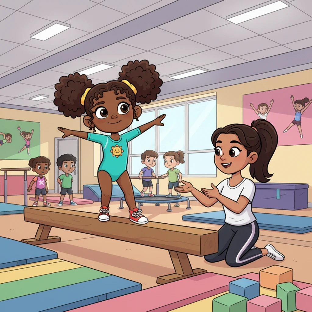 Lily's first gymnastics class was tricky! She wobbled on the beam and tumbled off the mat, but a small smile played on her lips. Her coach, a kind lady, told her about 'issrar'—the power of never giving up—and Lily felt a flicker of determination.