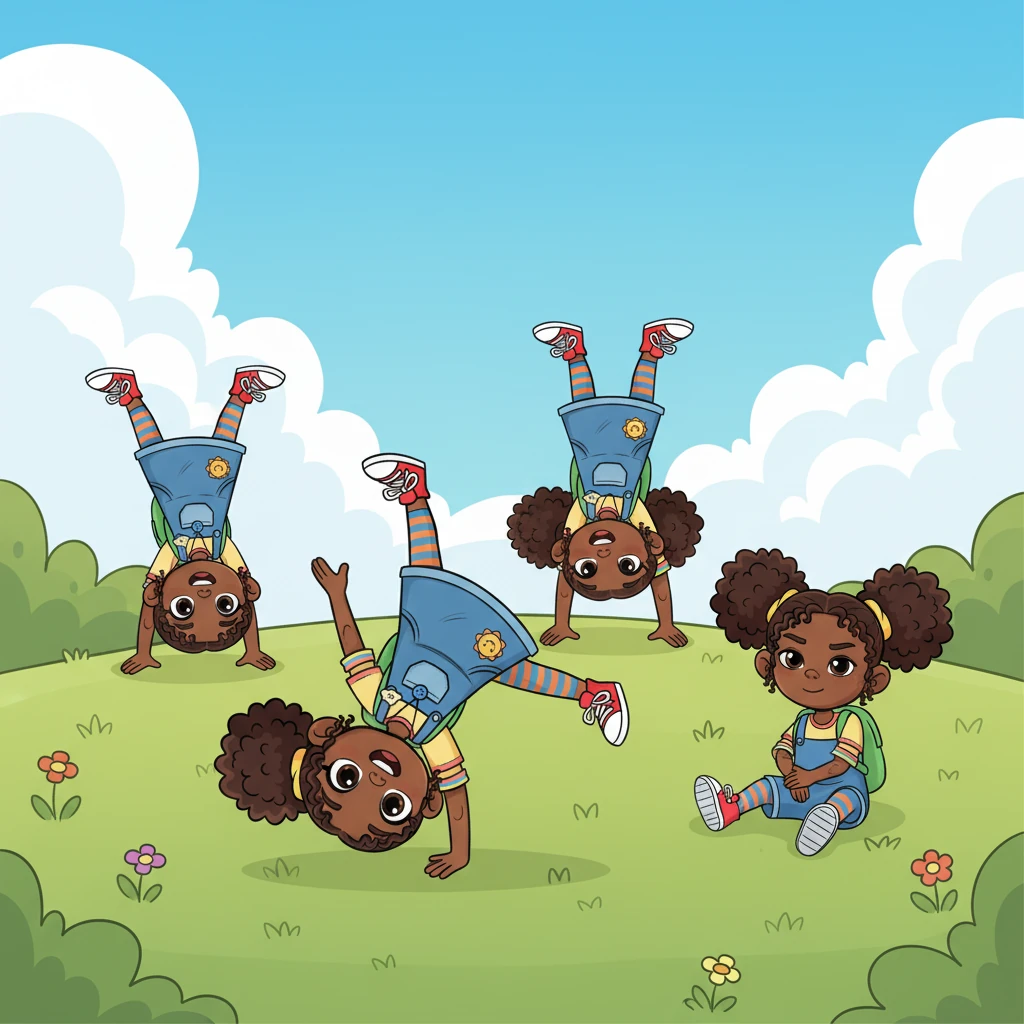 Day after day, Lily practiced her cartwheels and handstands. She fell many times, sometimes scraping her knee, but each time she remembered 'issrar' and bounced right back up. Her muscles grew stronger, and her movements became smoother.