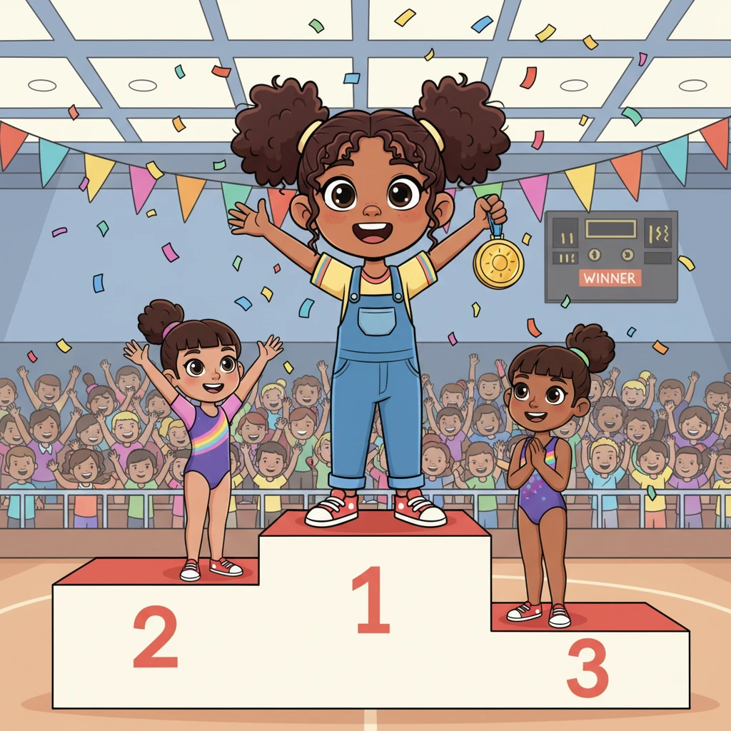 The big gymnastics championship arrived, and Lily felt a mix of nerves and excitement. She performed her routine with amazing grace and power, sticking her landing perfectly. When her name was called as the winner, a huge, joyful smile spread across her face.