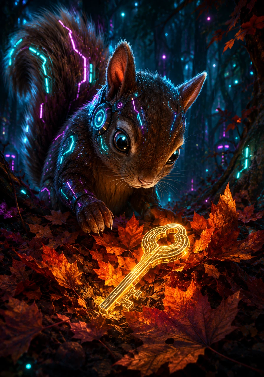 Sammy the Squirrel finds a golden key hidden under a pile of crisp autumn leaves in the Whispering Woods. The key has the number 100 engraved on it, and Sammy wonders how many more treasures are waiting to be found.