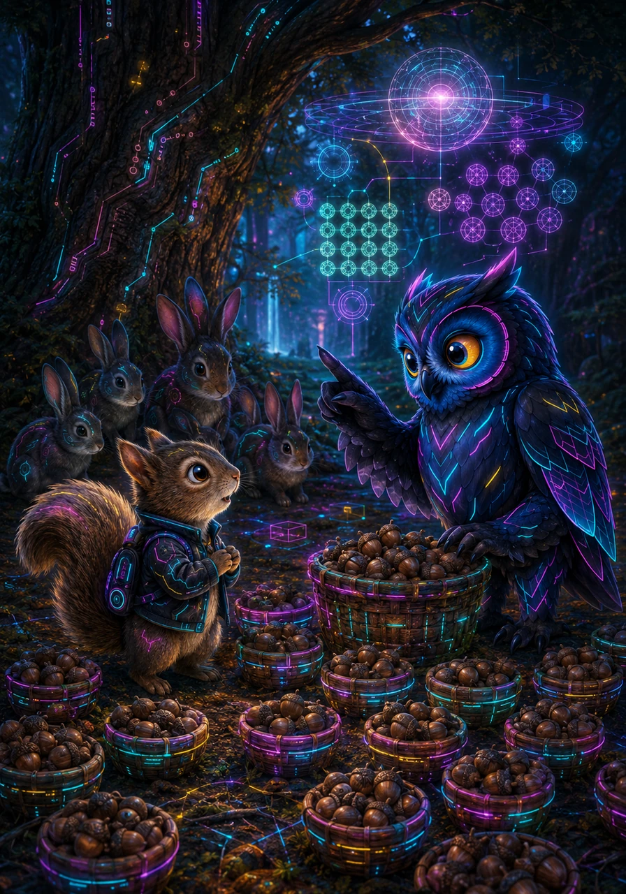 At the base of the Great Oak, Sammy meets Maya the Owl, who is organizing hundreds of acorns into neat baskets. Maya explains that ten groups of ten make one hundred, filling Sammy's mind with big, exciting numbers.
