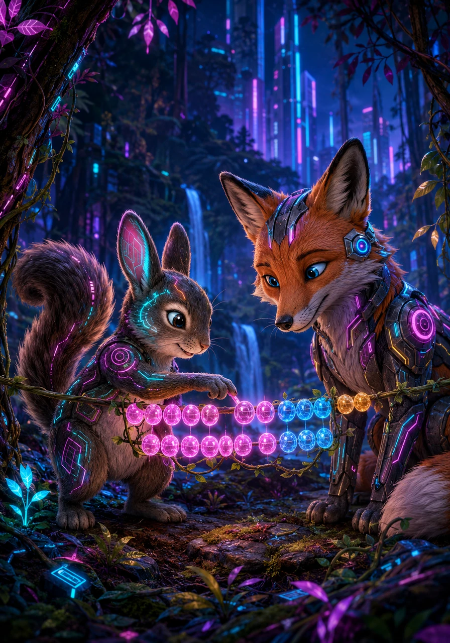 Near the edge of the forest, Sammy meets a friendly fox who challenges him to an abacus game using bright berries on a vine. Sammy skillfully moves the berries to represent the number 920, showing off his understanding of zero as a placeholder.
