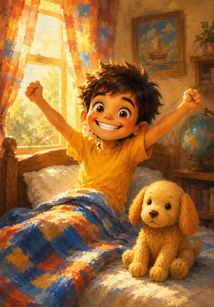 Sunlight streams through the colorful curtains of Emoji's room, waking the seven-year-old hero with a bright smile. He is a boy of big dreams and a mischievous yet lovable nature, ready to greet a brand-new day of discovery.