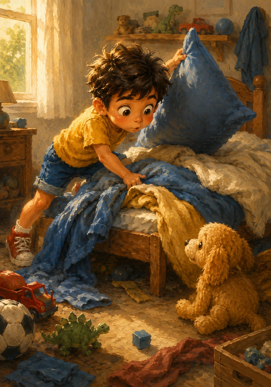 Emoji leaps out of bed and begins searching every corner of his room, whispering for his toy to come out of hiding. He lifts heavy pillows and peeks through the folds of his messy blankets, hoping to see a familiar furry face.