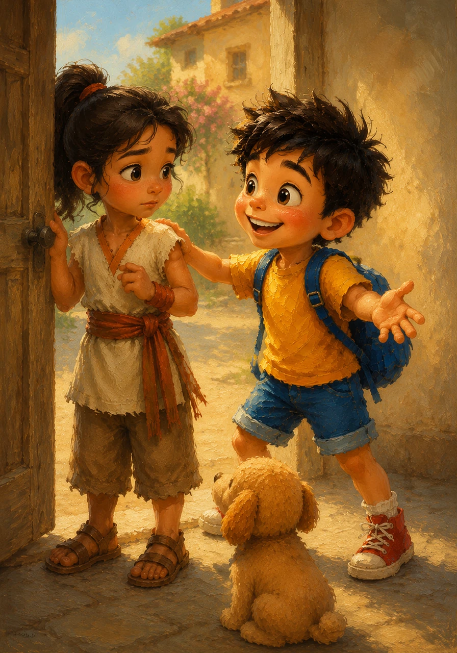 Noticing his sister looking a bit hesitant at the door, Emoji runs to her side with an enthusiastic welcome. He speaks to her in a voice full of admiration, exclaiming that she has arrived at the perfect moment to help him with a mission.