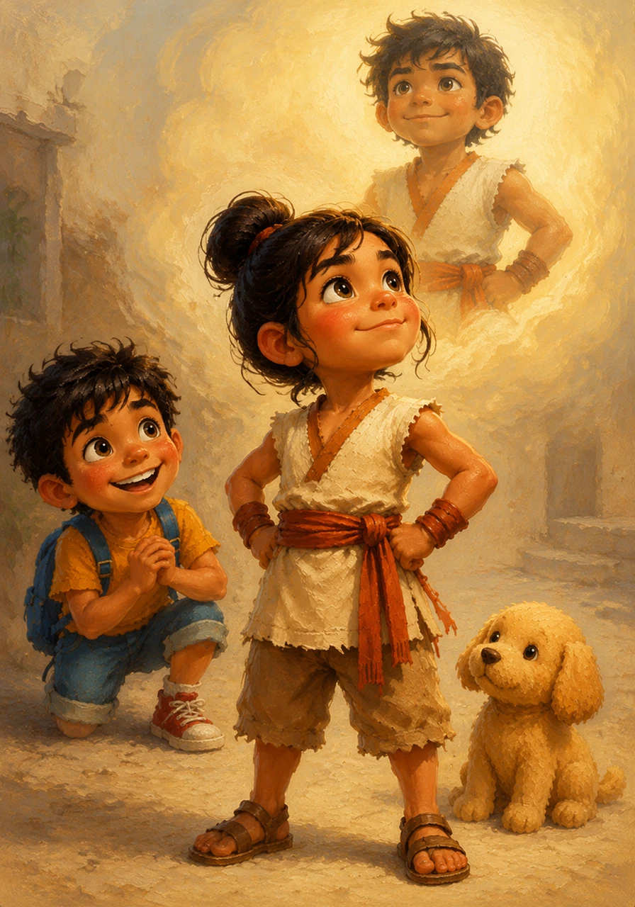 Feeling her brother's genuine admiration, Alinoli's small cloud of jealousy quickly disappears. She feels the inner strength of Smoky, her own hero inspired by her brother's stories, rising within her as she stands tall.