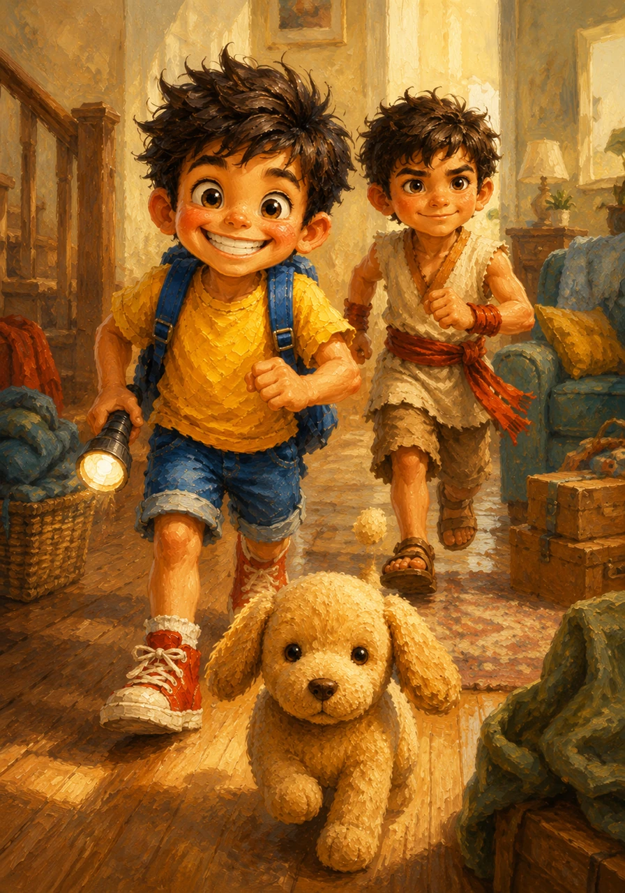 With their spirits high and their bond stronger than ever, the two children set off on their grand adventure through the house. The search for the beloved toy dog has officially begun, turning their home into a land of mystery and heroism.