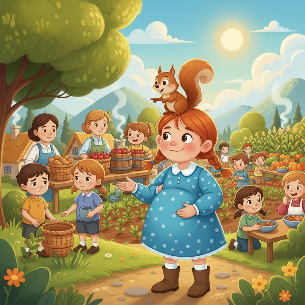 Anya and Squeaky followed a winding path and arrived at a food distribution center. Sadly, some children were being turned away because there wasn't enough food. Anya, with her quick thinking, suggested they help plant more crops to solve the problem. Soon, everyone had plenty to eat.