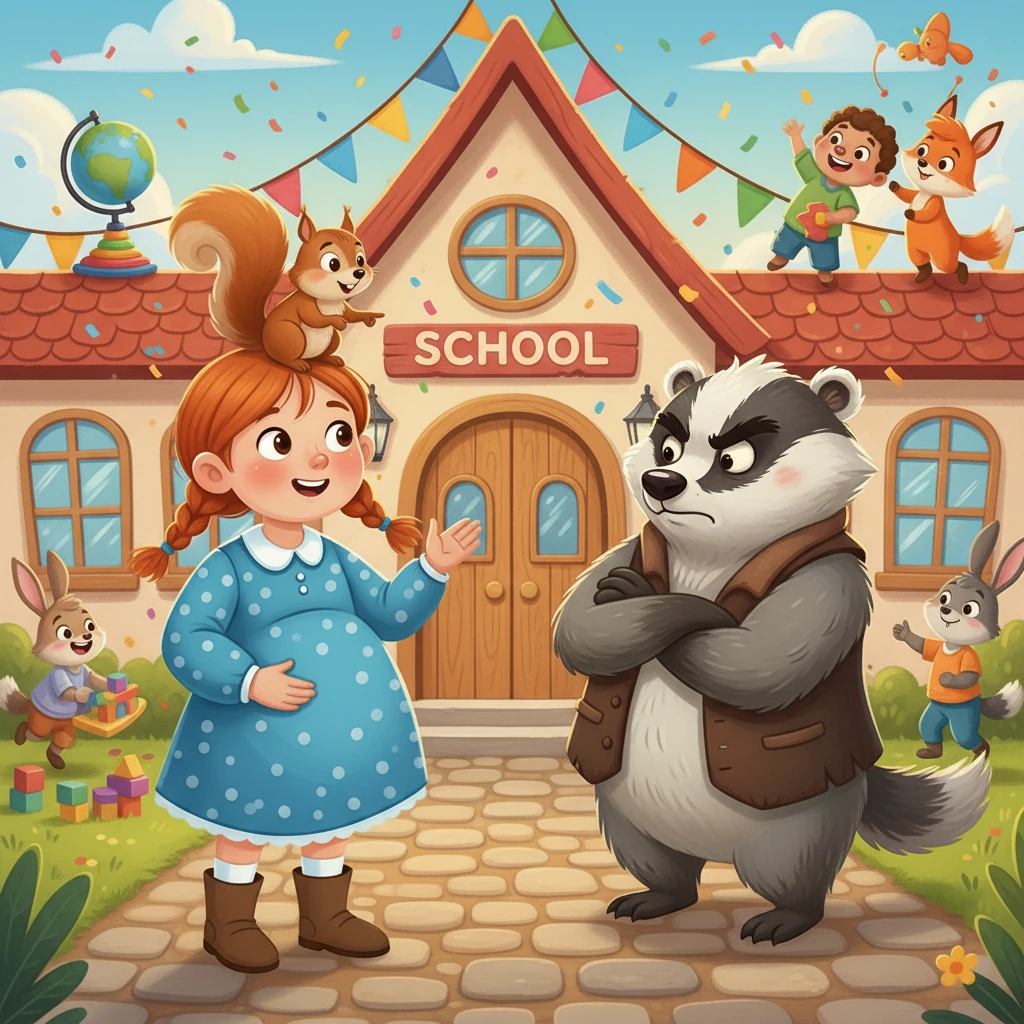 The next day, Anya and Squeaky arrived at a school. They learned about the right to education. A grumpy badger blocked their path because he didn't want the children to have fun learning. Anya and Squeaky convinced him that school could be exciting with games and friends. The badger had a change of heart.