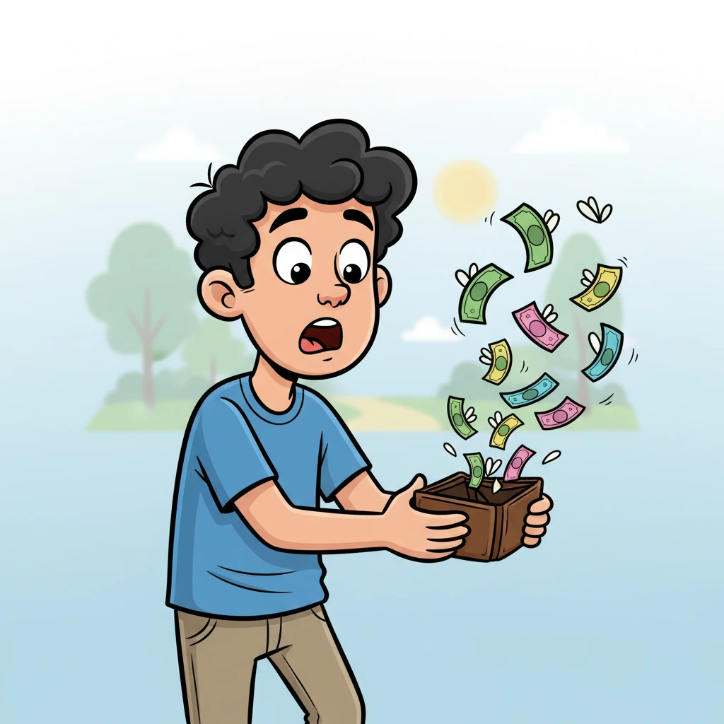 Leo, a young adult with wide, confused eyes, stared at his utterly empty wallet. A flurry of colorful money bills, looking like mischievous butterflies, fluttered away from him into the distance. His jaw dropped in a comical expression of shock, leaving him wondering where all his cash had vanished.