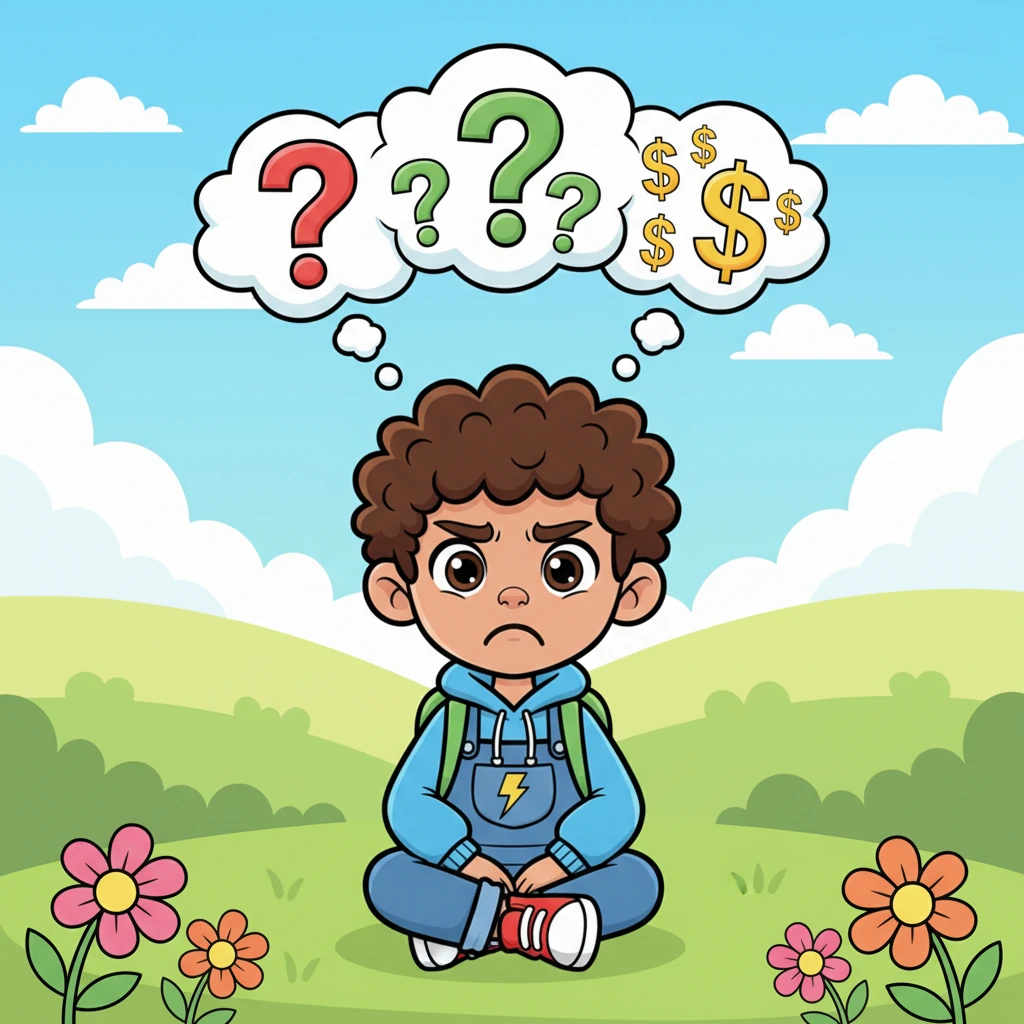 Still looking worried, Leo sat with a cloud of thought bubbles above his head, each filled with question marks and shiny dollar signs. His brow was furrowed in a deep, exaggerated frown as he pondered his dwindling funds. The vibrant background offered no answers, only highlighting his financial dilemma.