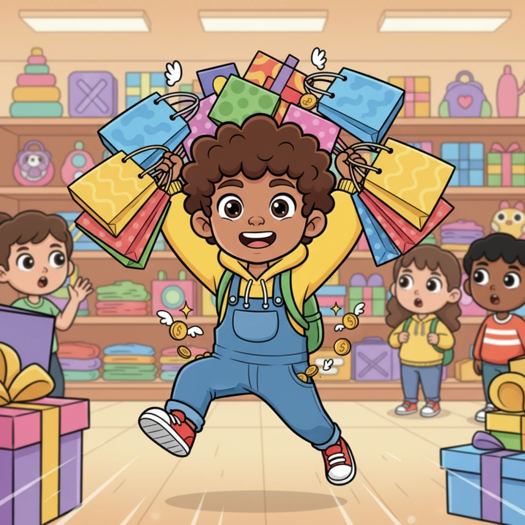 With an uncontrollable urge to buy, Leo zipped through a bustling cartoon store, his arms laden with an impossible stack of shopping bags. Money, depicted as tiny, fleeing coins, seemed to leap out of his pockets with every purchase. The scene was a whirlwind of playful chaos, showing Leo's impulsive spending spree.