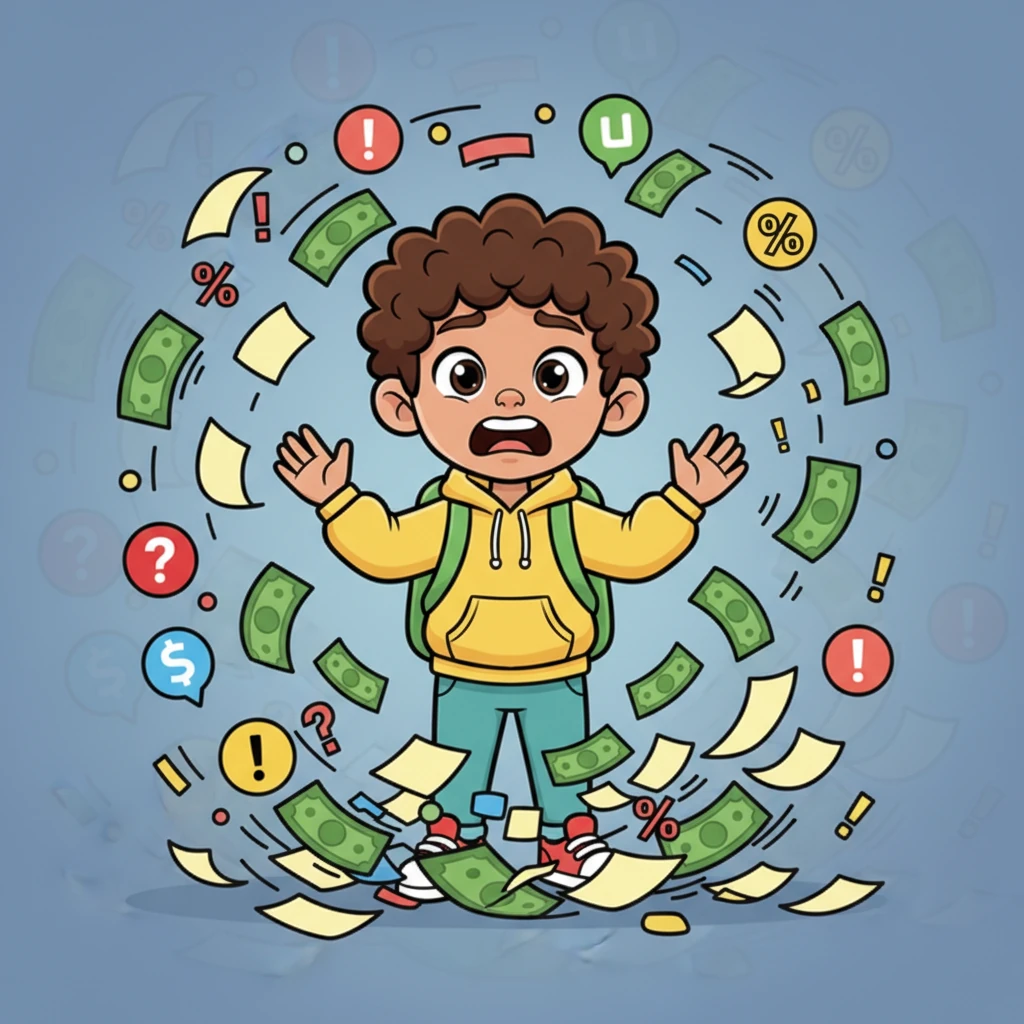 Suddenly, Leo was overwhelmed by a cascade of digital notifications and physical bills, all swirling around him. His usually cheerful face was contorted in a stressed grimace, his eyes wide with alarm. Numbers and urgent messages floated menacingly, making him feel completely swamped.